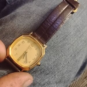 Gold and Brown Leather Strap Watch